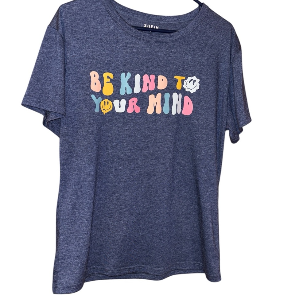 🌞 SHEIN Blue Short Sleeve Tee with Rainbow Text NWOT